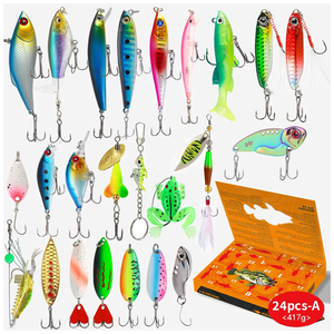 24 pièces boîte-cadeau de leurre de pêche cuillère Spinner méné manivelle crevette grenouille appât souple bouclé Grub dur leurre assortiment Kit ensemble - Product Image 1