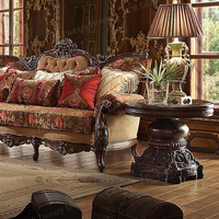 Ensemble de salon en bois massif de style américain, canapé rembourré en tissu sculpté, table basse, meubles en bois de Guangzhou
