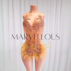 MF Mesh Jersey Bodycon Empire Waist Crystal <b>Black</b> Rhinestone Mini Birthday Dress <b>Feather</b> High Neck Sexy Women Night Club 2025 - Product Image 1