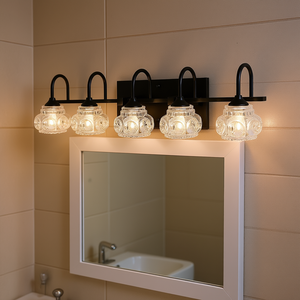 Luminaire de salle de bain rétro à 5 lumières, finition noire, abat-jour en verre cristal, éclairage mural pour miroir, blanc chaud 3500K - Product Image 2