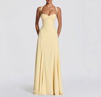 Nouvelle Robe de Soirée Été Jaune Crème à Bretelles Larges, Taille Cintrée et Jupe Ample Drapée