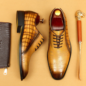 Zapatos Oxford de vestir de cuero genuino marrón con punta cuadrada, cordones, patrón en relieve, suela de goma transpirable, zapatos de hombre para carrera profesional. - Product Image 2