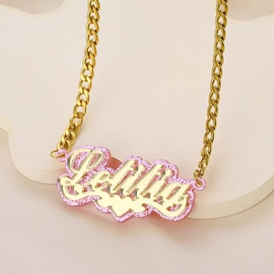 Collana con Doppio Nome Personalizzato in Acrilico Colorato, Ciondolo Femminile Raffinato e Lucido in Acciaio Inossidabile Stile Europeo e Americano - Product Image 3