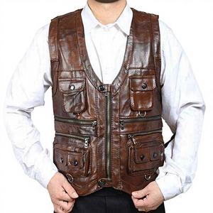 Gilet de motard sans manches en cuir pour homme avec fermeture à boutons en corne, écologique et coupe-vent, fabrication en usine - Product Image 1