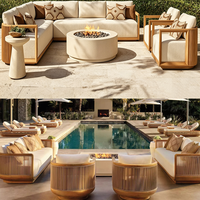 Ensemble de mobilier d'extérieur de luxe moderne haut de gamme en bois massif avec table brasero, chaise de salle à manger, chaise d'appoint, chaise longue réglable et canapé d'angle en L