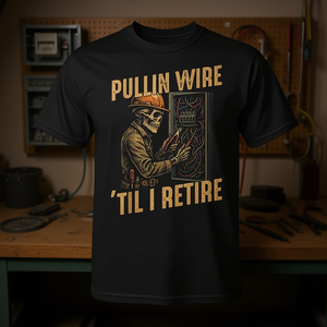 Camiseta con estampado de esqueleto de electricista Pullin Wire Til I Retire - Product Image 3
