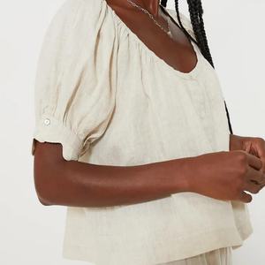 ชุดผ้าลินินสำหรับฤดูใบไม้ผลิและฤดูใบไม้ร่วง ชุดลำลองสำหรับผู้หญิง เสื้อแขนสั้นสีพื้น กางเกงขาสั้น ชุดสองชิ้น เสื้อผ้าผู้หญิง - Product Image 5