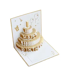 3D Happy Birthday Greeting Card, Niche Bronzing Foldable Birthday Gift Blessing Cake Holiday Card, Pop Up Greeting Card