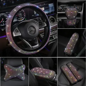 Bling Shining Color Diamond Rhinestones Crystal Car Steering Wheel Cover Gear Shift Cover PU Leather Steering-wheel covers
