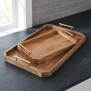 Juego de bandejas de servir de madera de lujo, hechas a mano, con acabado natural, estilo nido, duraderas, con asas de metal dorado, aptas para lavavajillas y microondas. - Product Image 1