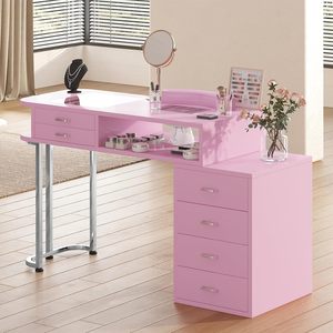 Pink Nail Art Table With Storage Drawers And <b>Mirror</b> For Salon Or Home Use - Product Image 1