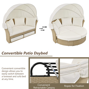 Outdoor Patio Daybed Wicker Rattan Round Sofa with Retractable <b>Canopy</b> 4 Pillows for Garden Lawn - Product Image 3