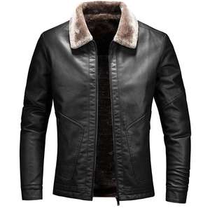 Veste en simili cuir noir pour homme, col en peau de mouton, fermeture éclair, coupe slim, décontractée, streetwear, veste en cuir PU - Product Image 1