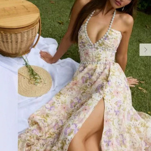 Abito lungo estivo 2026 vintage da <span class=keywords><strong>donna</strong></span> con stampa, scollo all'americana, senza schienale, in chiffon, con orlo svasato e vita impero - Product Image 6