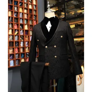 Double-breasted Men's Suits Tuxedo Black Pattern Gentleman Italian Style Wedding Slim Fit Leisure Suit 2 Pieces Set Blazer Pant