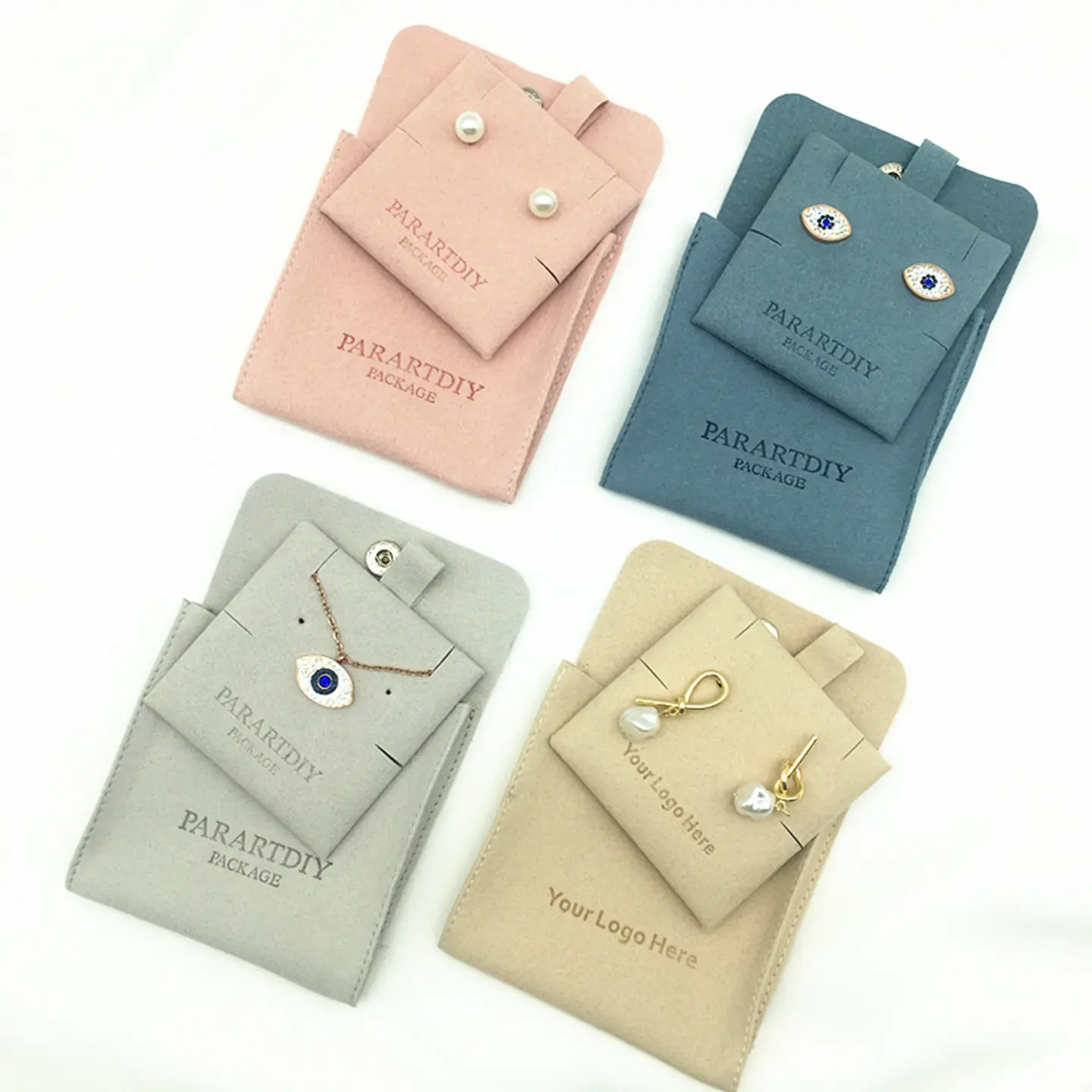 8x8cm Logo personalizzato pacchetto gioielli sacchetti in microfibra con bottone a pressione sacchetti gioielli piccoli orecchini sacchetto regalo con inserto Pad/carta