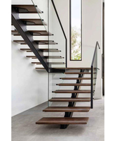 CBMmart Code de Construction nord-américain escalier droit escalier intérieur avec bande de roulement en bois et balustrade en verre