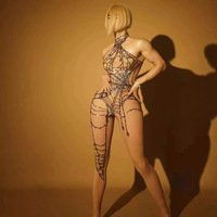 Combinaison moulante sexy en résille extensible avec perles de diamant, costume de performance de danse en boîte de nuit