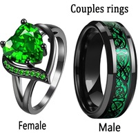 Ensemble de bagues pour femme avec pierre précieuse en forme de cœur et bague pour homme en acier inoxydable avec incrustation de motif
