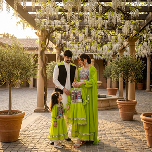 Salwar Kameez vert brodé géométrique pour femme, manches longues, longueur cheville, en rayonne, robe ethnique de mariage Inde Pakistan Printemps - Product Image 1