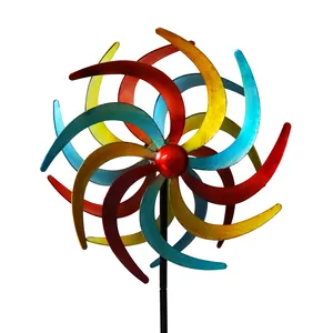 طاحونة هوائية معدنية منحوتة بحركية ملونة بأوراق صفصاف مع حصة دوار رياح لساحة الحديقة ديكور الحديقة في الهواء الطلق