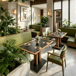 Mesa de Comedor con Marco de Madera Sólida Natural y Acabado Mate Oscuro, Silla con Respaldo Acolchado en Tela Verde Oliva, Muebles de Estilo Botánico para Cafetería, Venta al Por Mayor - Product Image 5