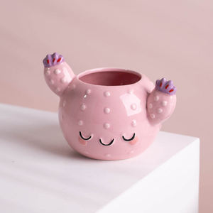 Bonita maceta redonda pintada <span class=keywords><strong>a</strong></span> <span class=keywords><strong>mano</strong></span> con forma de cactus, maceta de cerámica para bonsái, maceta inteligente, regalo para niños - Product Image 6