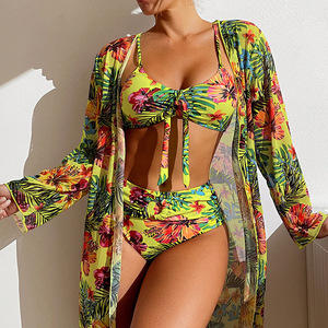 Traje de baño de tres piezas con capucha y manga larga, bikini con estampado europeo y americano, sexy, para vacaciones, para mujer, estilo europeo y americano. - Product Image 6