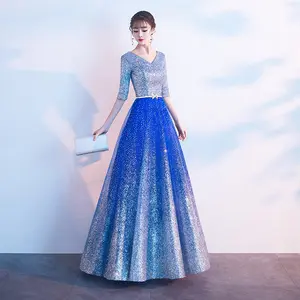 定制尺寸vestidos de mujer elegante v领优雅渐变蓝色女性经典合唱团连衣裙2024夏季