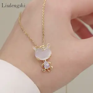 Fashion Jewelry Micro Inlay CZ Crystal White Agate Tiger Shaped Necklace Stainless Steel Link Chain White Jade Tiger Necklace
