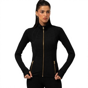 Top de Yoga para Mujer, Negro, Manga Larga, Cuello Alto, Cierre Frontal, Color Sólido, Ropa Deportiva Elástica - Product Image 1