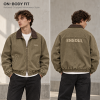 Blousons Bomber Vintage OEM pour Hommes en Coton Lavé avec Col Contrastant en Velours Côtelé, Ourlet et Poignets Élastiques, Fermeture Éclair, Manteau Décontracté Personnalisé
