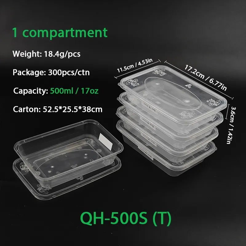 Caixa de plástico para comida, recipiente retangular transparente com tampa para micro-ondas, 500ml, 17 onças, 300 unidades