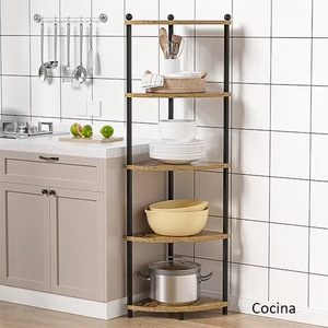 Freestanding display <b>storage</b> shelf/bookshelf, 4-tier bamboo corner curved shelf, <b>storage</b> <b>unit</b> <b>for</b> <b>kitchen</b>, bathroom, and living - Product Image 1