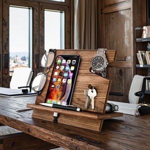 Gepolijst Houten Boerderij Decor Nachtkastje Docking <span class=keywords><strong>Station</strong></span> Telefoon Portemonnee Horloge Stand Sleutelhouder Opladen Dock Bureau Huis Liefde - Product Image 6