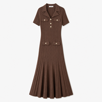 Robe midi en maille fine marron pour femme, col polo, manches courtes, vente en gros