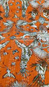 Handmade Indian Kantha <b>Quilt</b> Orange Printed Cotton Bedcover Bohemian Style All Season Home Decor <b>Throw</b> Blanket - Product Image 4