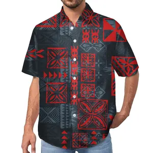 Stylish Men Short Sleeve Business Tops Casual Button Down Collar Shirt Samoan Tapa Tribal Polynesian Tattoo Printed Dress Shirts
