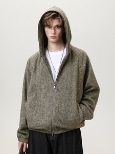Pull à capuche zippé en mohair pour homme, couleur unie, épais, manches longues, idéal pour l'automne - Product Image 1