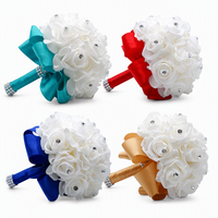 Ramo de Novia de Rosas de PE Estilo Europeo con Incrustaciones de Diamantes de Imitación, Cinta de Satén Multicolor, Flor de Mano para Novia, Suministros para Ceremonia de Boda