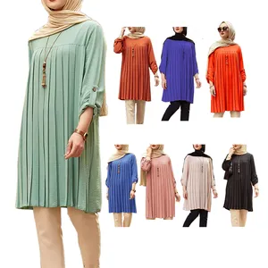 Modest dubai abaya multicolor casual pleated loose long sleeve blouse women malaysia pleated solid shirt muslim tunic tops