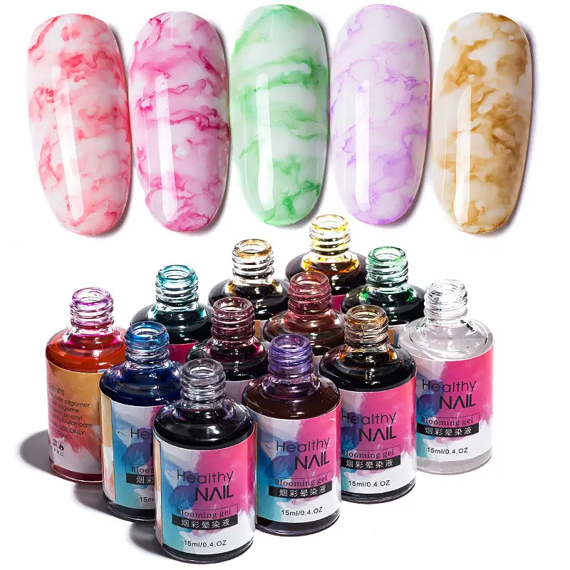 Nova Tendência 12 Cores Álcool Mármore Tinta Blooming Gel Polonês Nail Art Design Led Uv Aquarela Blooming Gel Private Label OEM