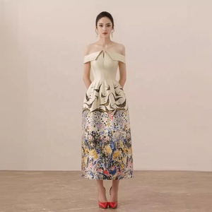 2025 nuovo abito da donna Vintage con stampa floreale a una linea stile pittura a olio elegante abito lungo a vita alta - Product Image 1
