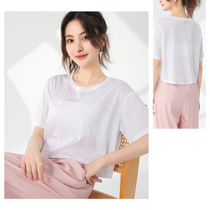 Custom Logo Cotton Silk Blend Cropped T-Shirt Women Solid Color Short Sleeve Breathable Loose <b>Crop</b> <b>Tops</b> - Product Image 5