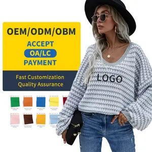 OEM Sweater Supplier Full Size Customize Ladies Knit Pullover V Neck Lantern Sleeve Striped Knitted Plus Size Sweater Women