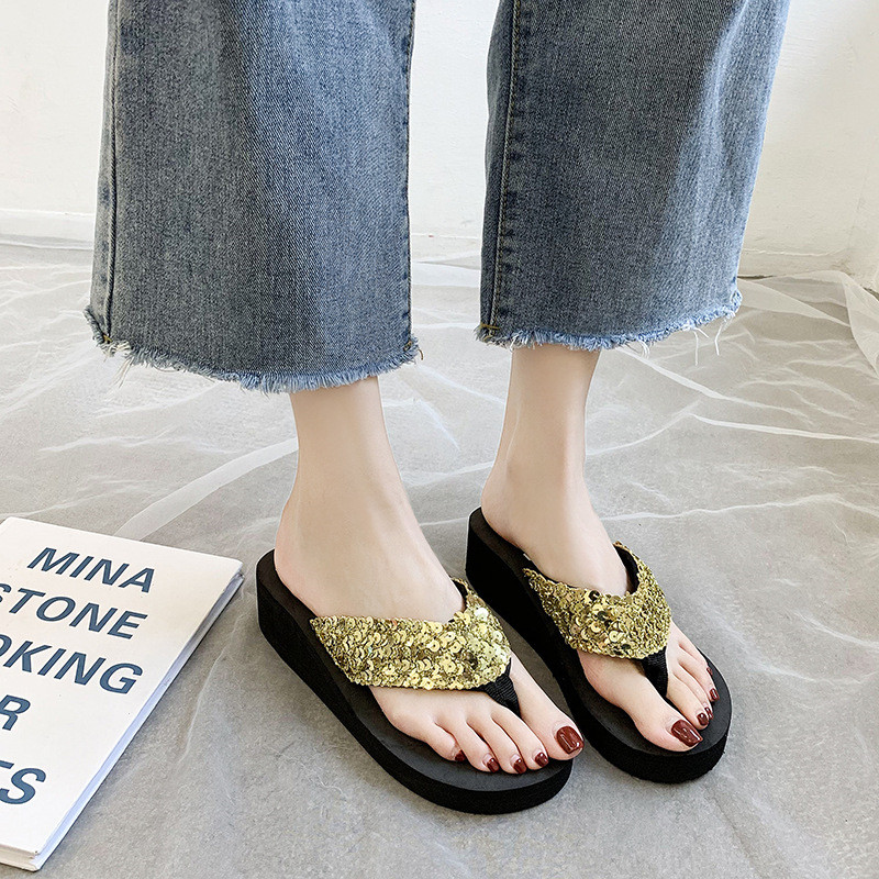 Summer Sequined Flip-flops Women Wedges Platform Slippers Beach Shoes Slipper Girls