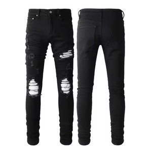 Black Patch Denim <b>Pants</b> for Men Y2K Street Style Destroyed Ripped Skinny Stretch Jeans Embroidery Print Washed Hip Hop Fashion - Product Image 1