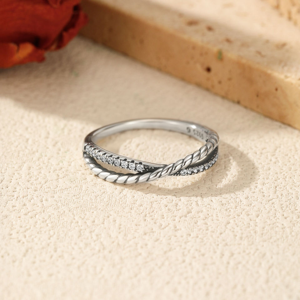 Thin Line Rings Retro Twist Line Rings 925 Sterling Silver Exquisite Cross Cubic ...