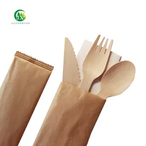 Set alat makan kayu sekali pakai kustom dapat terurai pisau sendok kayu kantong kertas garpu