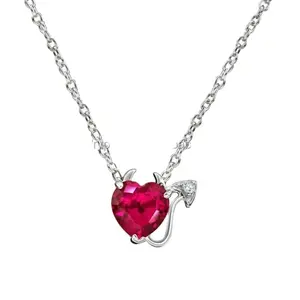 Western Fashion Jewelry Necklaces 925 Sterling Silver CZ Ruby Color Red Heart Devil Necklace 18inch Chain Jewelry